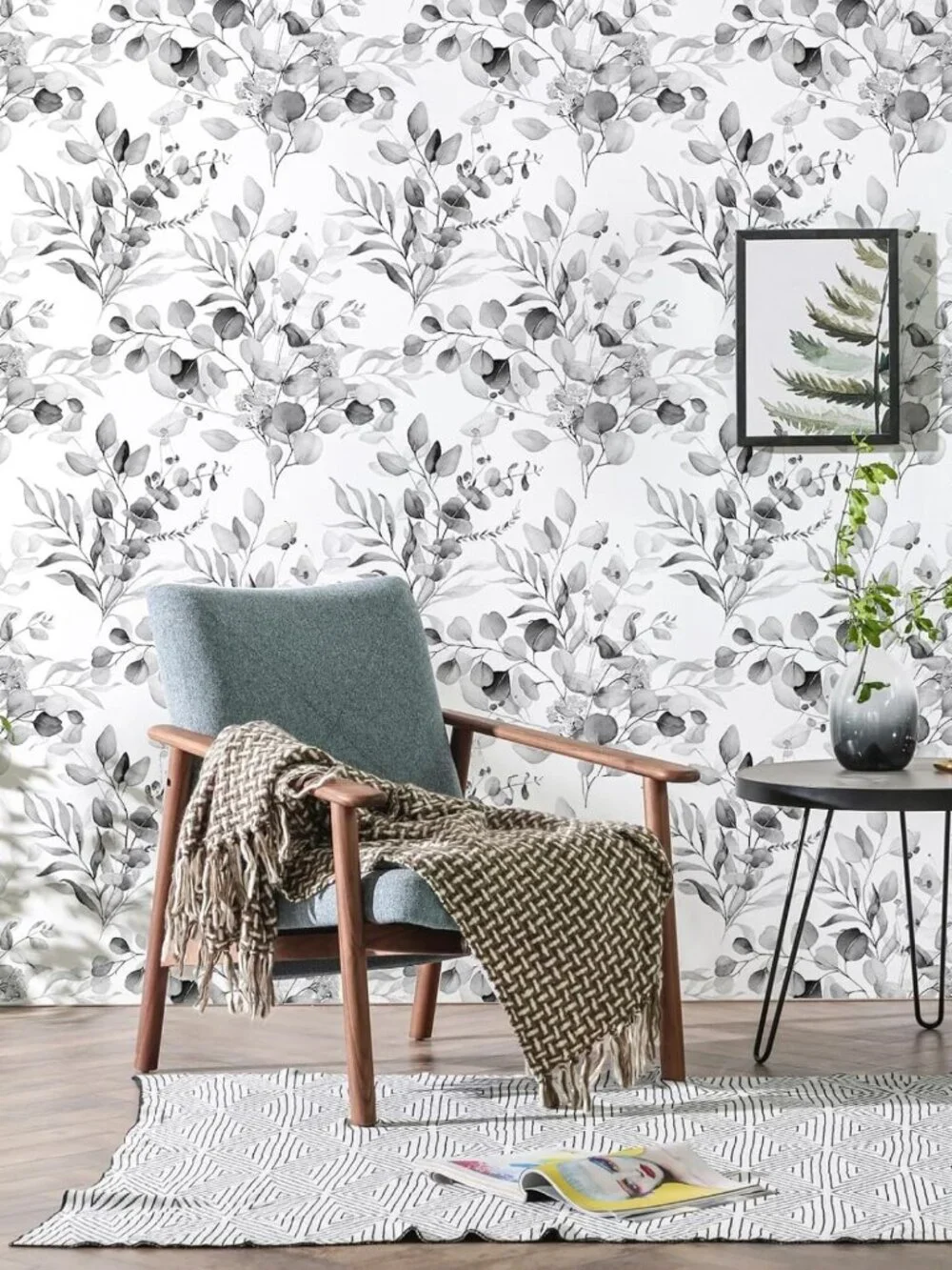 Peel and Stick Black White Wallpaper Mural | Botanical Eucalyptus Leaf Design